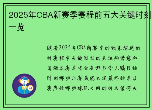 2025年CBA新赛季赛程前五大关键时刻一览
